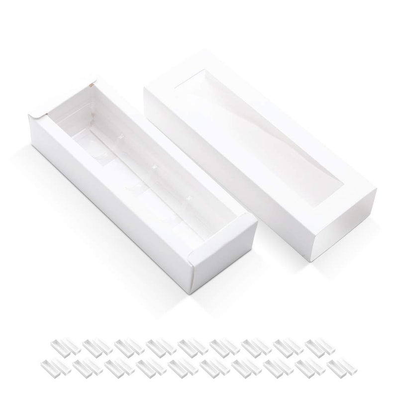 BAKIPACK 20 Truffle Boxes, Chocolate Boxes, White Candy Boxes with 4-Piece Plastics Tray (Tray Size with 5.75x1.25 Inches), Pull Out Packing with Clear Window Sleeves, White - Image 1